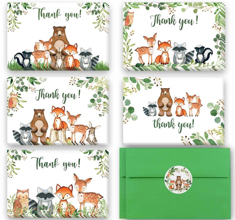 Popfavors 50 بطاقة شكر وودلاند، 4 × 6 بوصة، ملاحظات شكر لحيوانات الغابة الخضراء مع مغلفات وملصقات خضراء متطابقة، بطاقات ملاحظات لمخلوقات الغابة مثالية لاستحمام الطفل في وودلاند وحفلة عيد الميلاد - Image 1